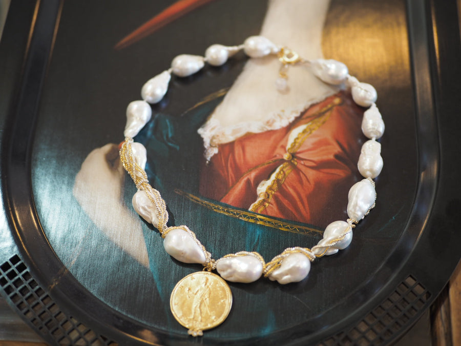 Short Wrap Baroque Pearls Necklace - Coin Drop and diamonds