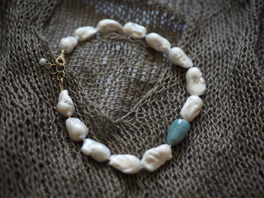 Classic Pearl Necklace - Baroque Pearls + Aquamarine