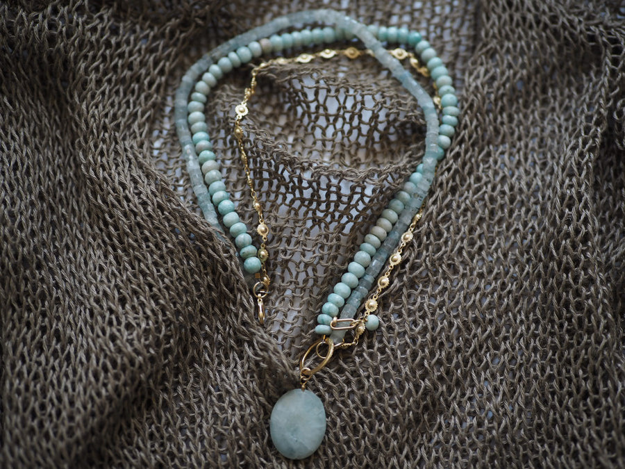 Flaneur Aquamarine, baroque south sea Pearl & Semi Precious Stones With Gold Details Necklace