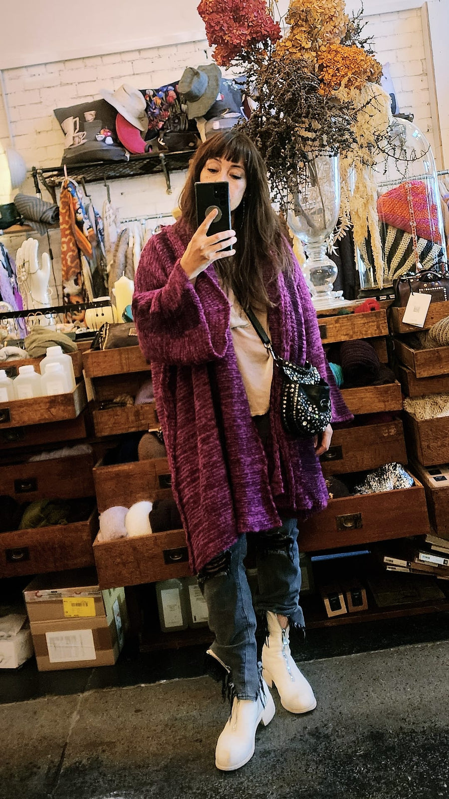 Alpaca kimono style cardigan with mesh detail - Merlot/ Magenta