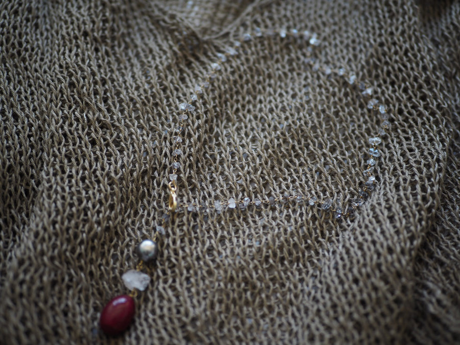 Lariat Necklace - Herkimer Diamonds + Tahitian grey Pearl + Ruby stone