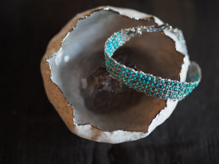Jaipur Hand-Loom Bracelet (Sterling Silver - Rhodium Plated) - Turquoise