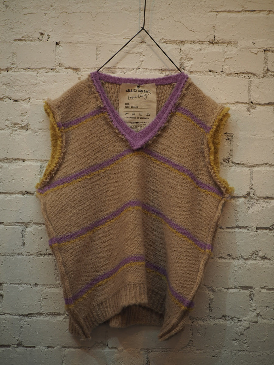 Knitted Stripe V Neck Vest (Alpaca) - Lilac