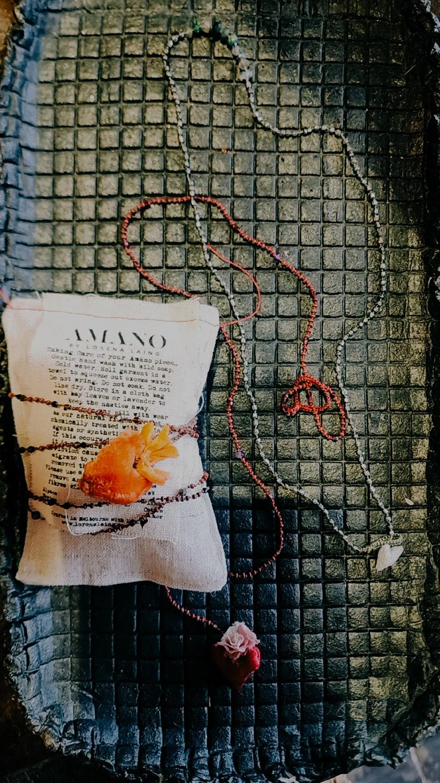 Antonia Rossi Embroidered Heart on a string of semi precious stones