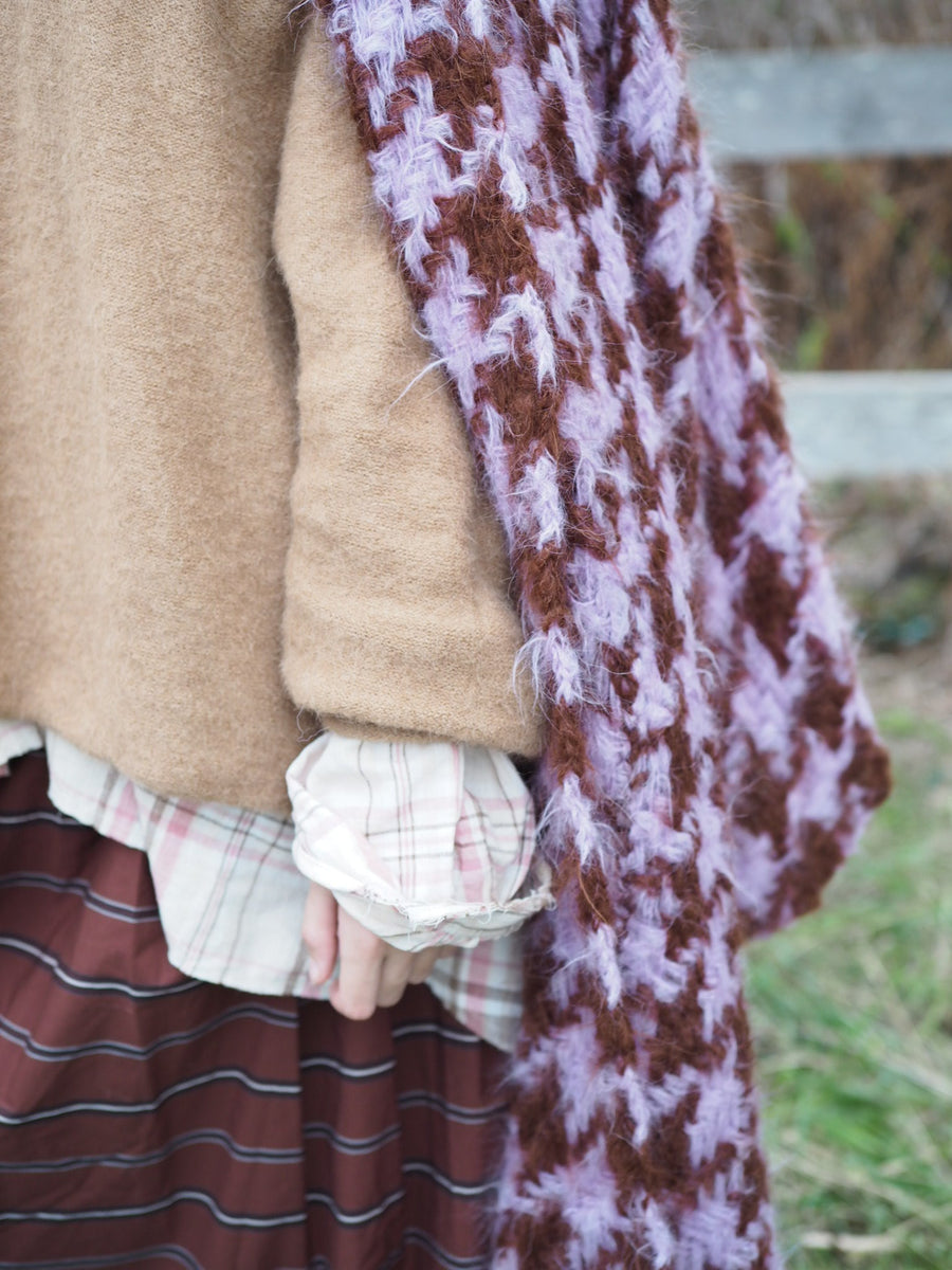 Hand-Loom Maxi Coat In Large Houndstooth Weave (Alpaca) - Lilac/Cognac