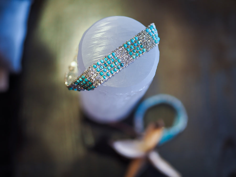 Stones Hand Loom Bracelet (Sterling Silver Rhodium Plated) - Turquoise