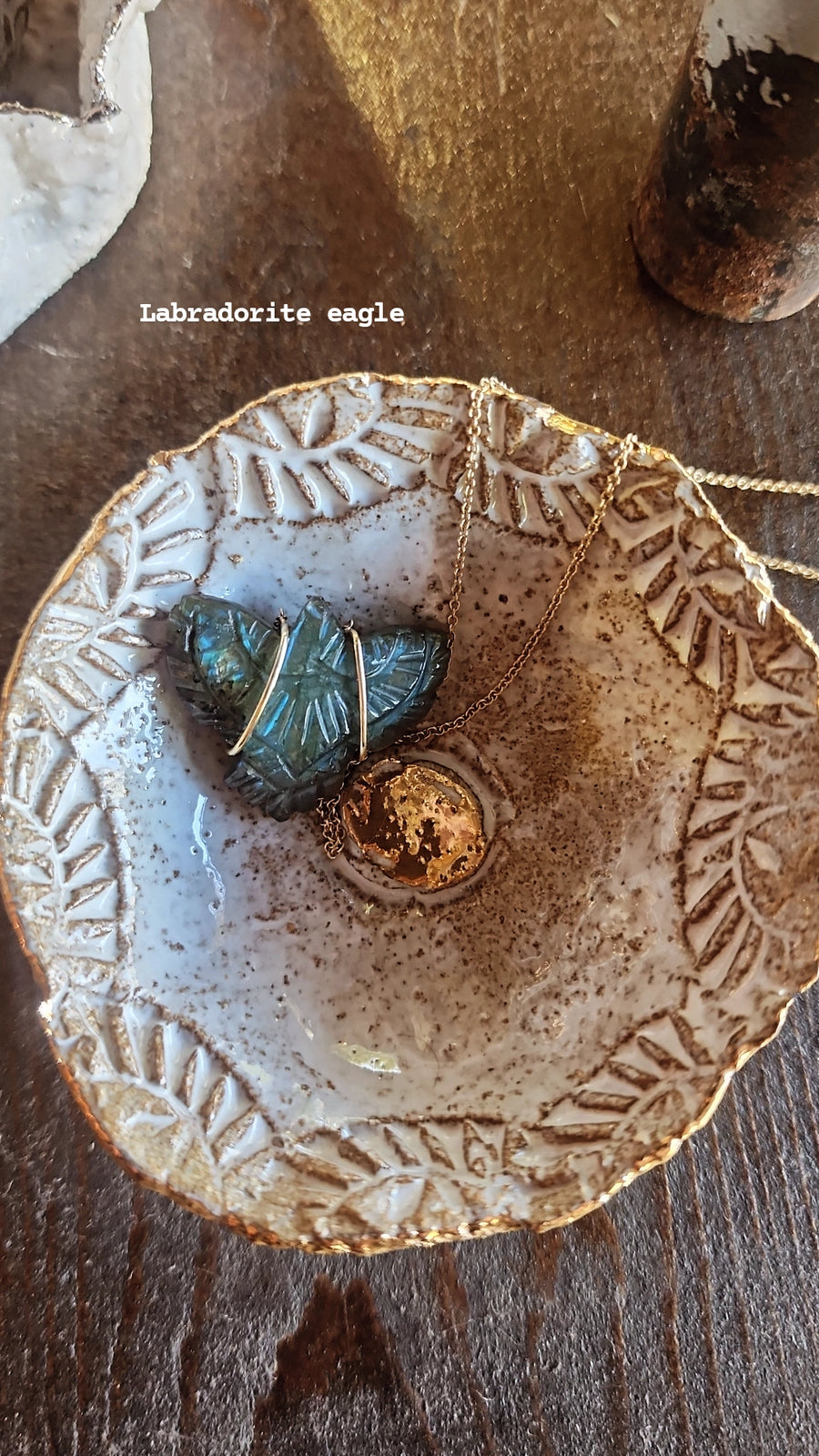 Labradorite hand carved eagle set in 14k Gold
