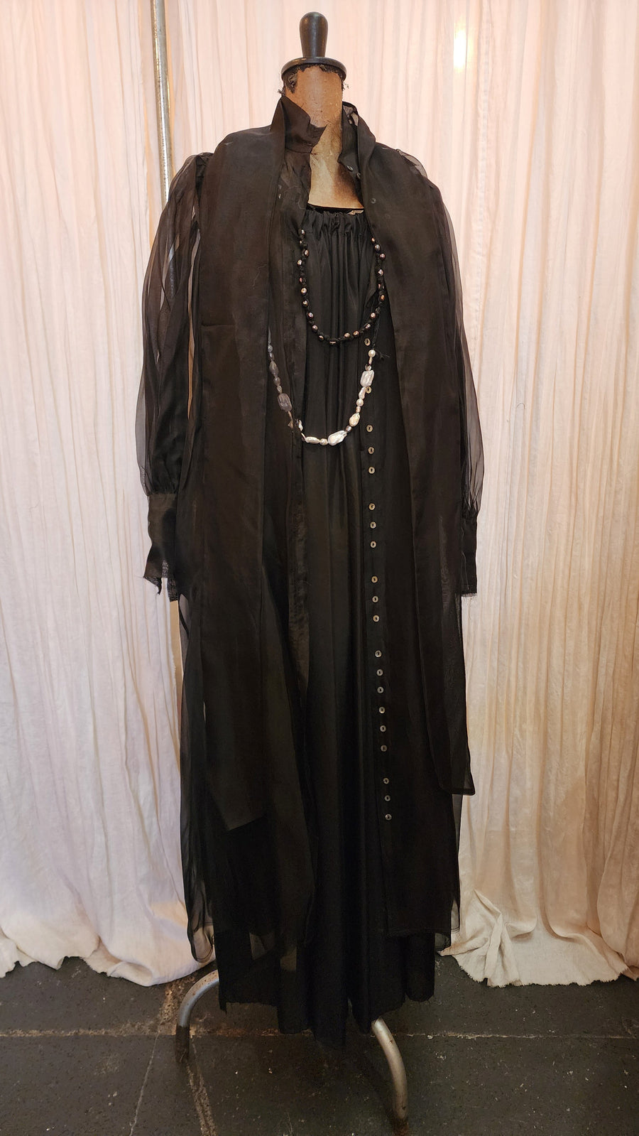 Button Through Shirt Dress With Neck Tie And Cuffs (Silk Organza) - Ink