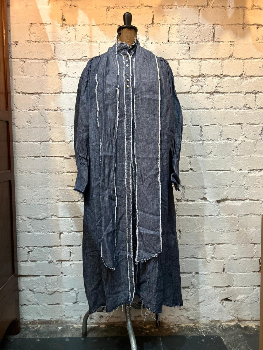 Button Through Shirt Dress - (Linen) - Denim