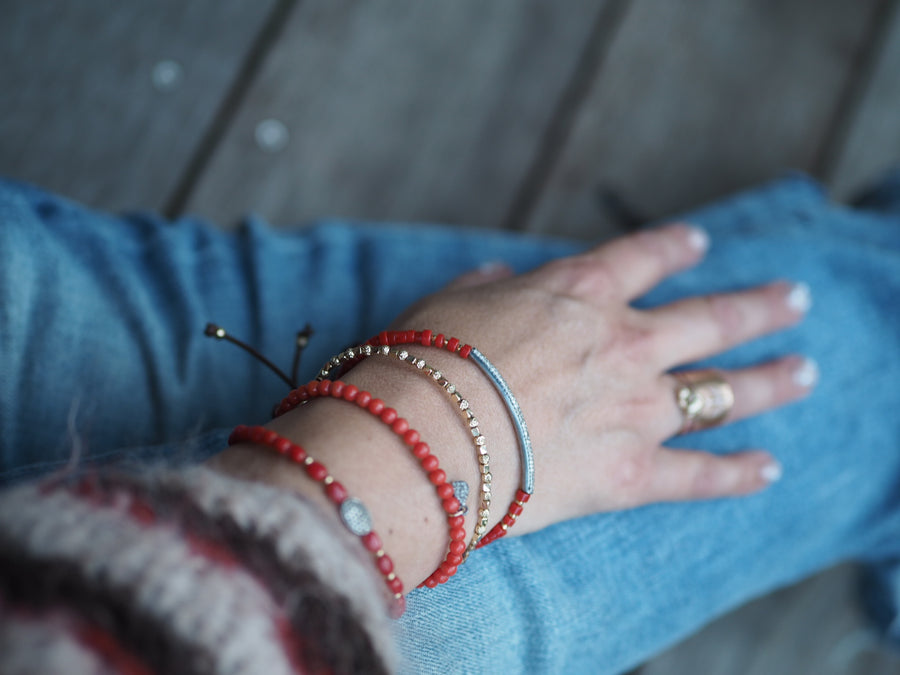 Coral stones bracelet with silver pave diamonds disk