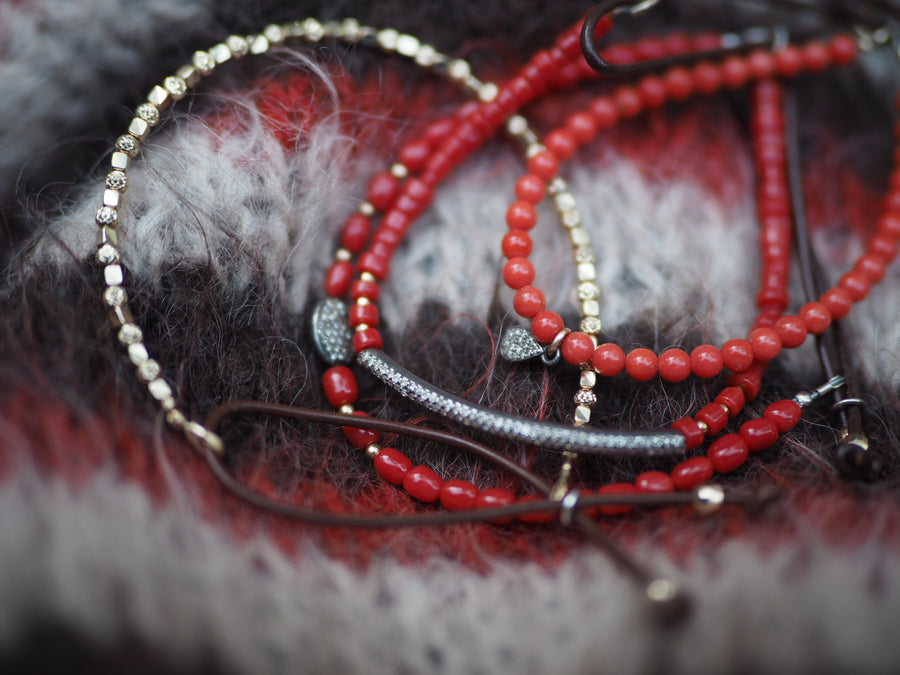 Coral stones bracelet with silver pave diamonds disk