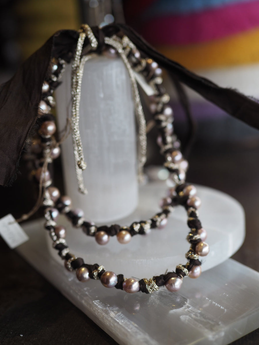 Silk Ribbon Tahitian Pearls Necklace - Blush
