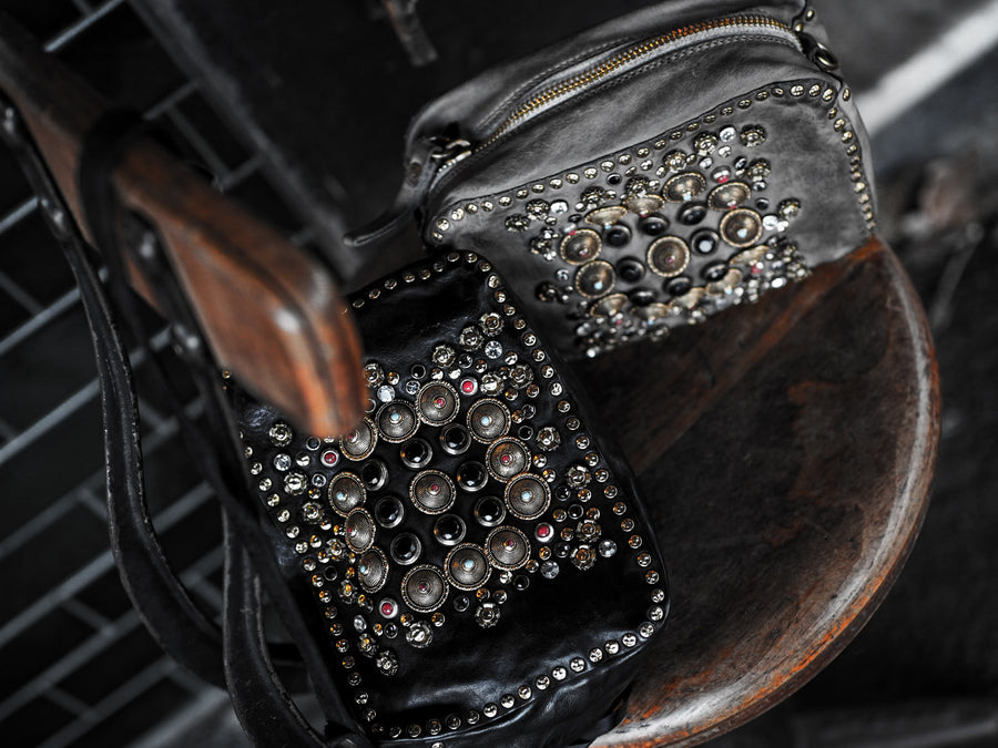 Ribes Camera Bag Kate in garment-dyed cowhide leather with studs and rhinestones - Black