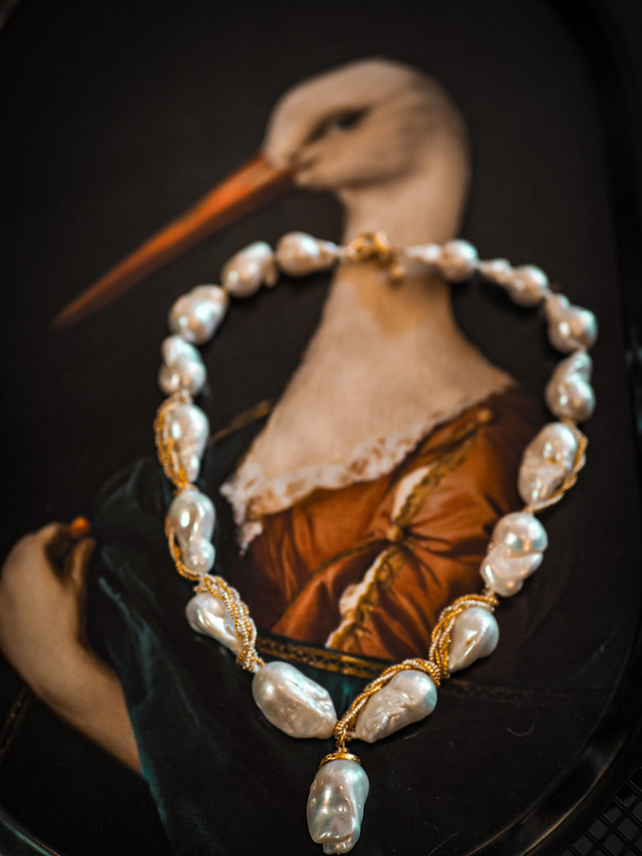 Short Wrap Baroque Pearls Necklace - Coin Drop and diamonds