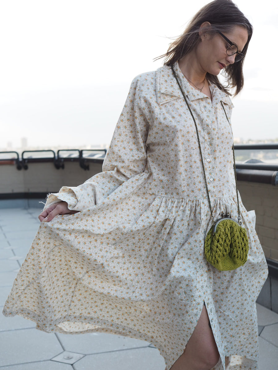 Shirt Dress with ruffle collar and cuffs (Cotton Lawn) -tiny Flora