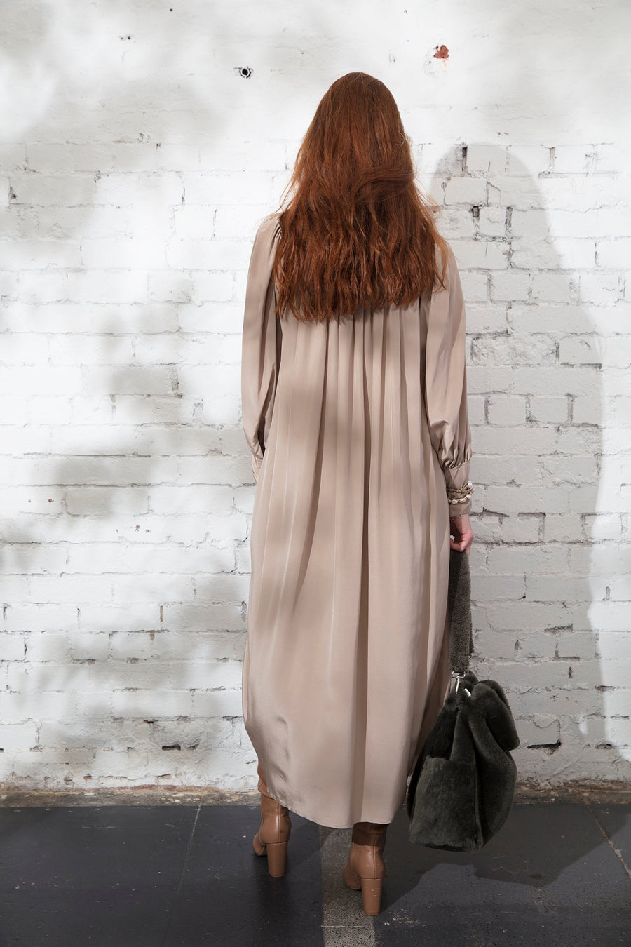 Button Through Shirt Dress W/ Neck Tie And Cuffs (Silk) - Tea Stain