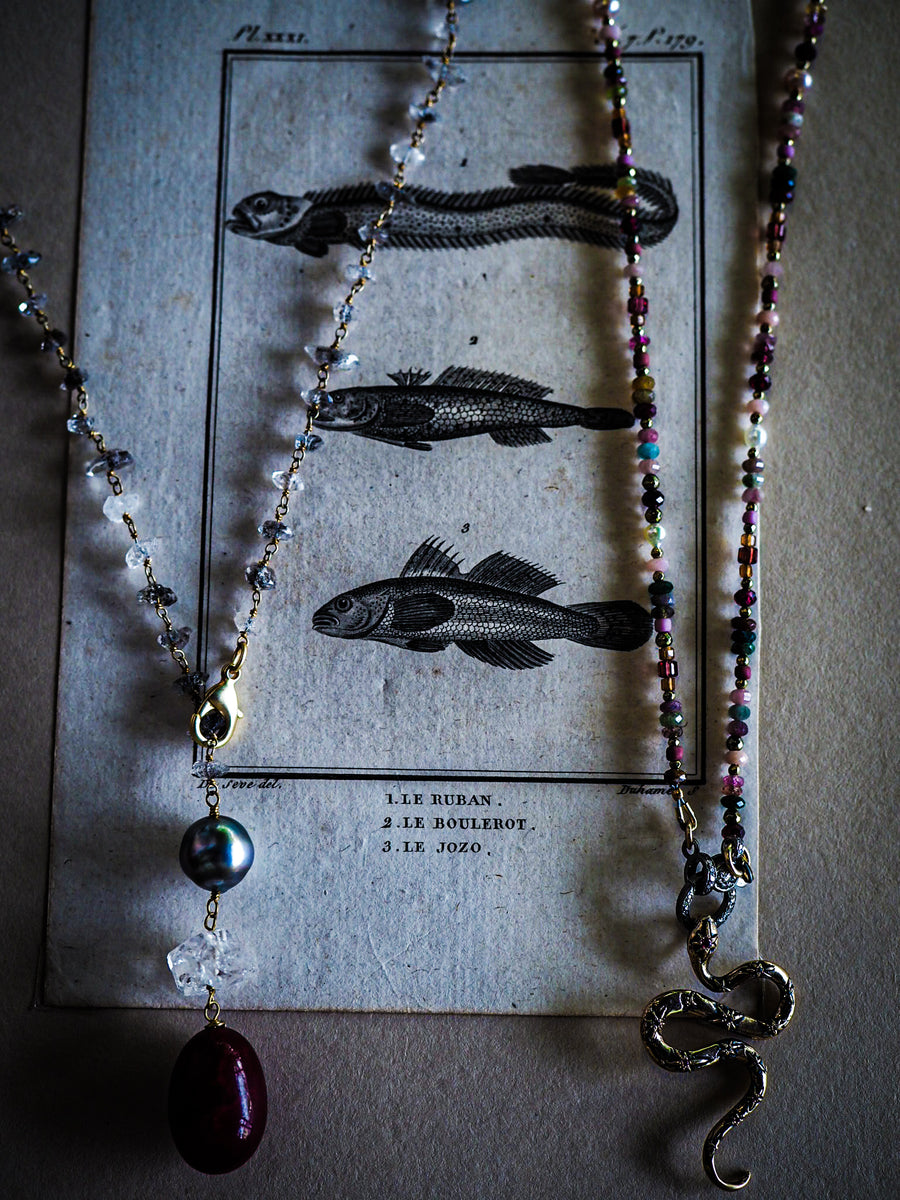 Lariat Necklace - Herkimer Diamonds + Tahitian grey Pearl + Ruby stone