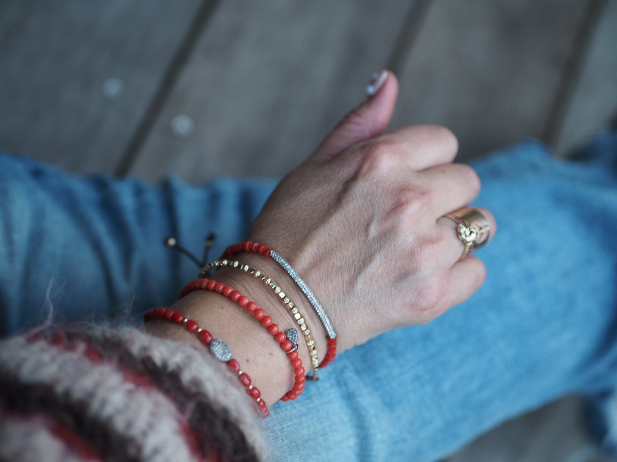 Coral stones bracelet with silver pave diamonds disk