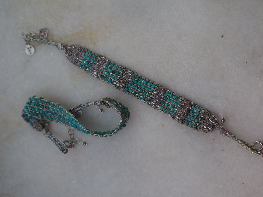 Stones Hand Loom Bracelet (Sterling Silver Rhodium Plated) - Turquoise