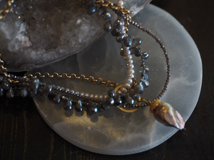 Flaneur Labradorite, pearls & semi precious stones with gold details Necklace