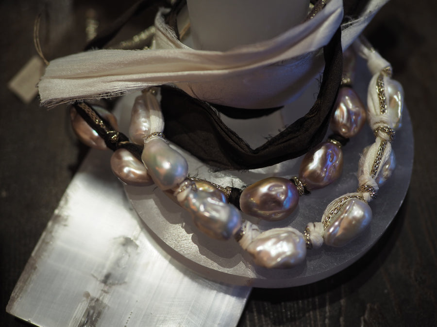 Silk Ribbon Baroque Pearls Necklace - Blush Pearls