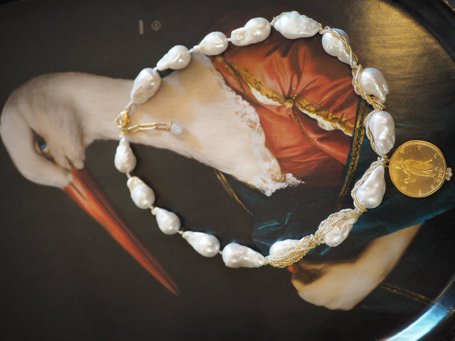 Short Wrap Baroque Pearls Necklace - Coin Drop and diamonds