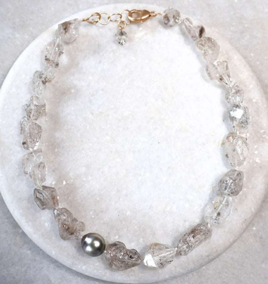 Necklace - Herkimer Diamonds + Tahitian pearl
