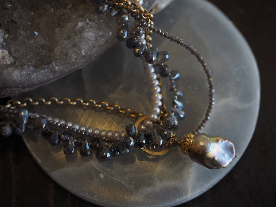 Flaneur Labradorite, pearls & semi precious stones with gold details Necklace