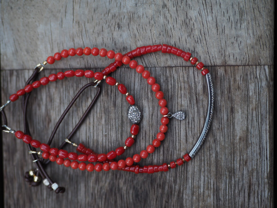 Coral stones bracelet with silver pave diamonds disk