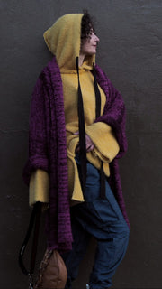 Alpaca kimono style cardigan with mesh detail - Merlot/ Magenta