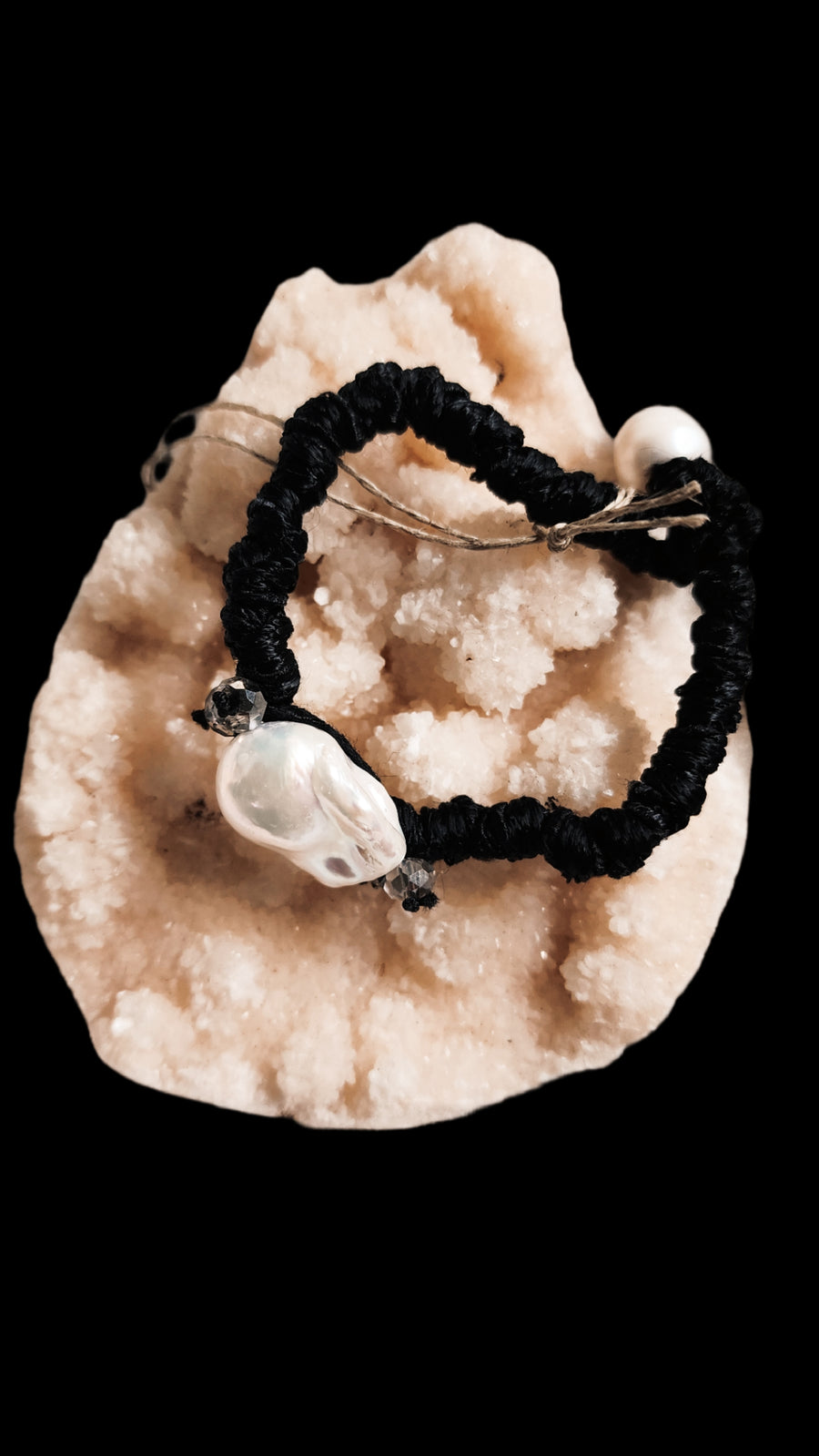 Baroque pearl bracelet +Smoky quartz Crystals - black silk