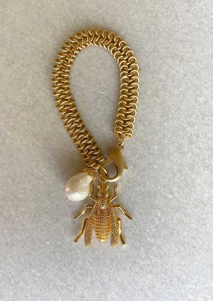 Bee And Pearl Matte Gold Bracelet