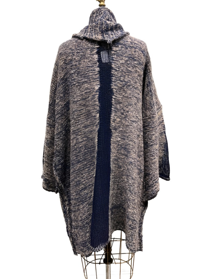 Alpaca kimono style cardigan with mesh detail - Mushroom/Navy