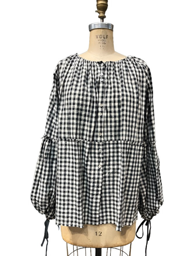 Blouse with Balloon Sleeves (Linen) - gingham