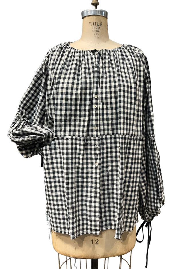 Blouse with Balloon Sleeves (Linen) - gingham