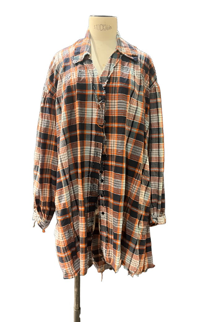 Amano Pintuck Check Shirt (Cotton) -Orange/Navy/White