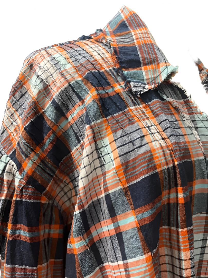 Amano Pintuck Check Shirt (Cotton) -Orange/Navy/White