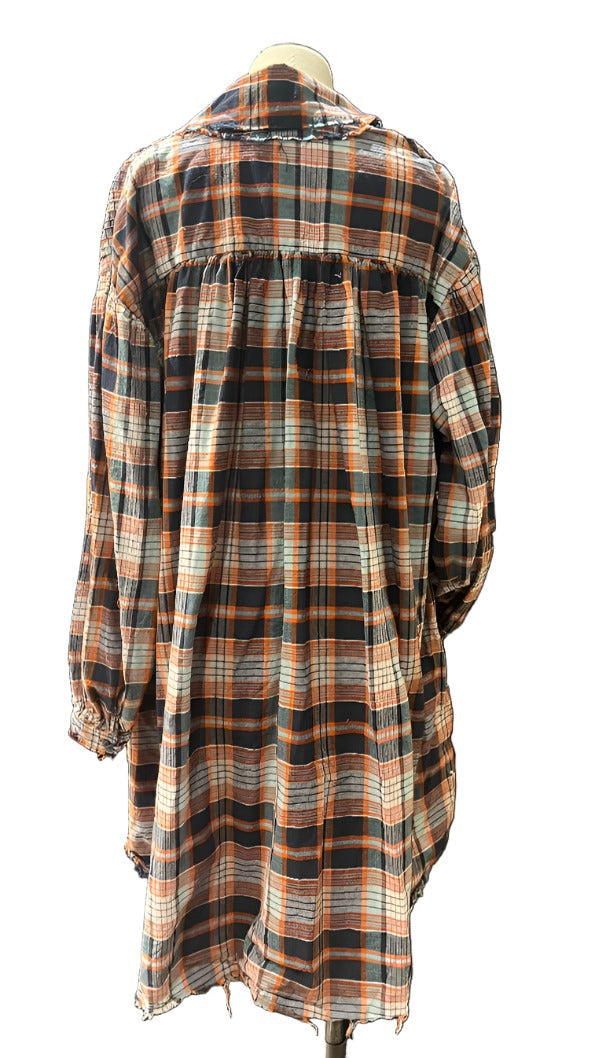 Amano Pintuck Check Shirt (Cotton) -Orange/Navy/White