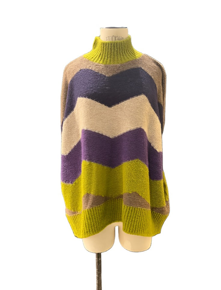 Amano Chevron Alpaca Knit Sweater - Purple/Oat/Chartreuse