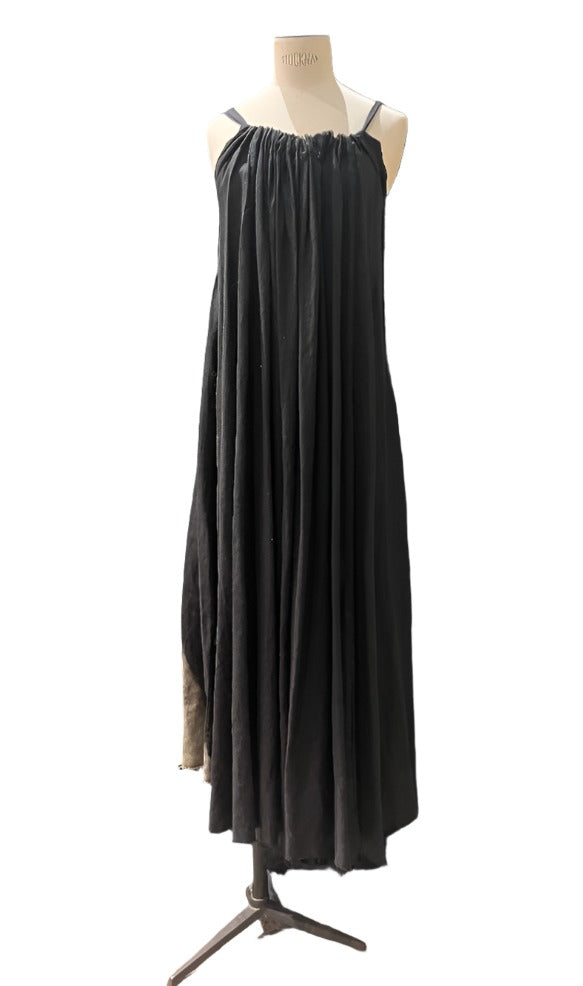 Linen maxi dress with ribbon ties - Black -Acid Wash