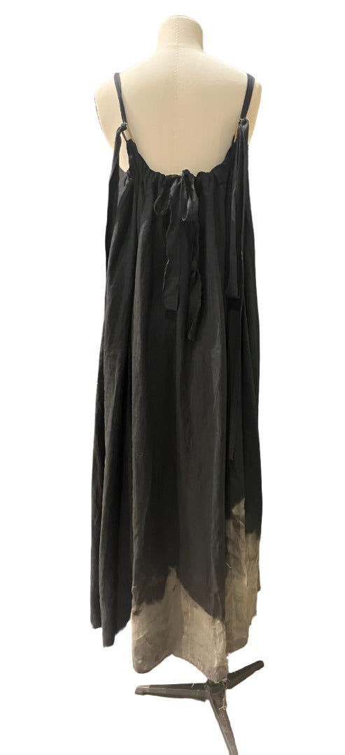 Linen maxi dress with ribbon ties - Black -Acid Wash