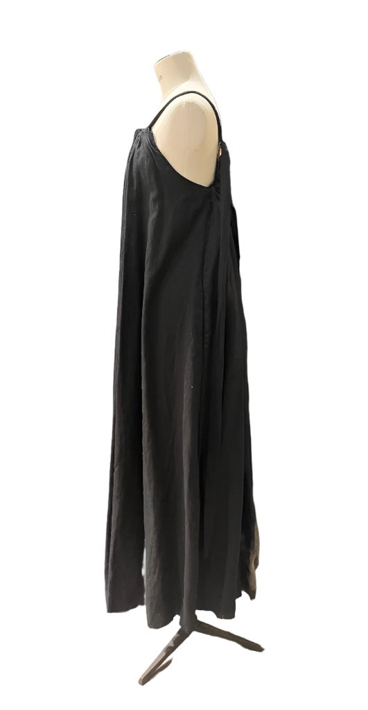 Linen maxi dress with ribbon ties - Black -Acid Wash