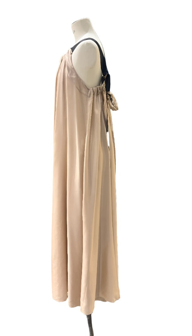 Silk Maxi Dress With Ribbon Ties - Mushroom