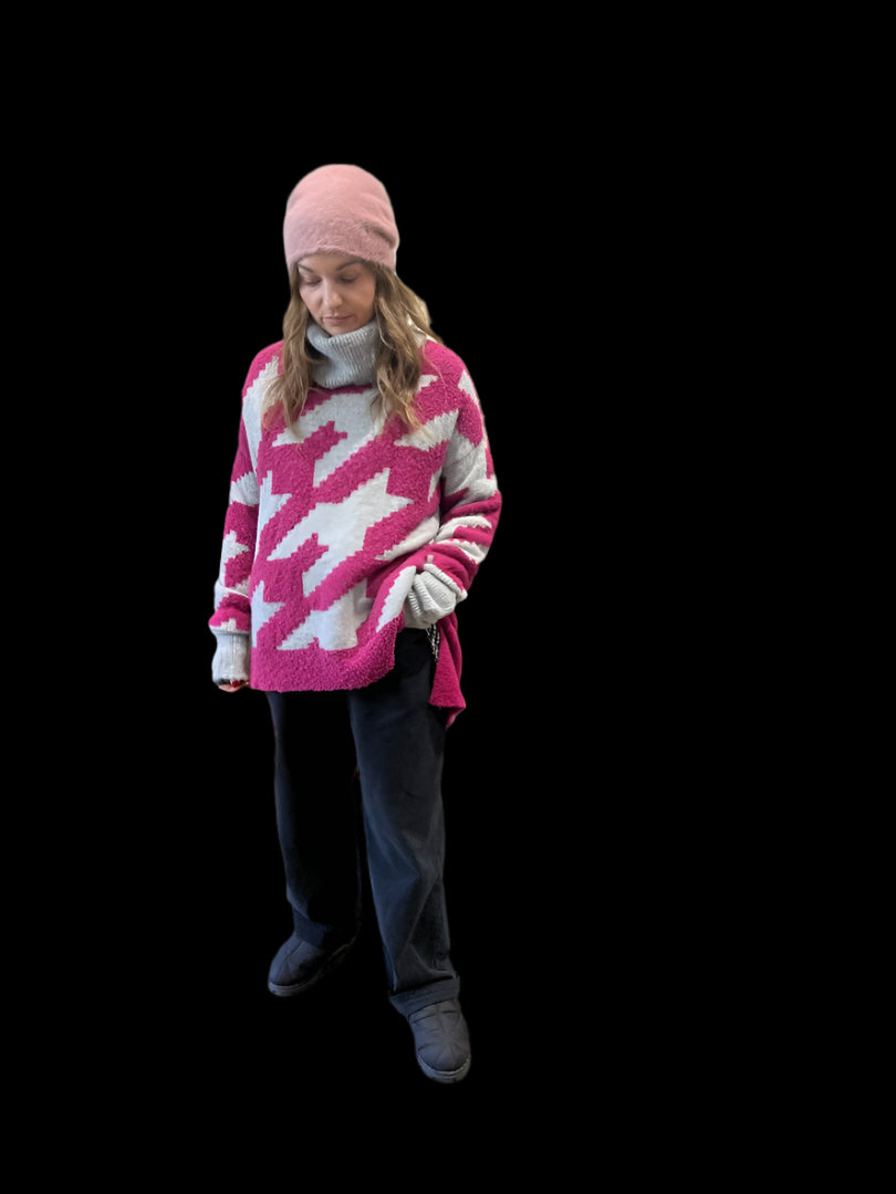 Houndstooth Jacquard Funnel Neck Sweater