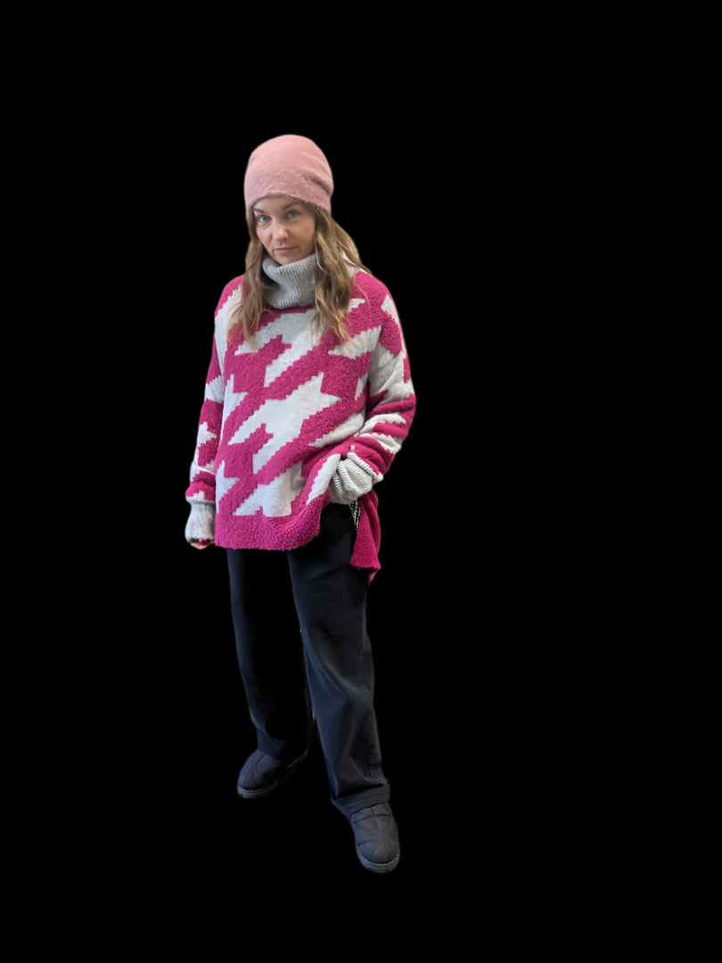 Houndstooth Jacquard Funnel Neck Sweater