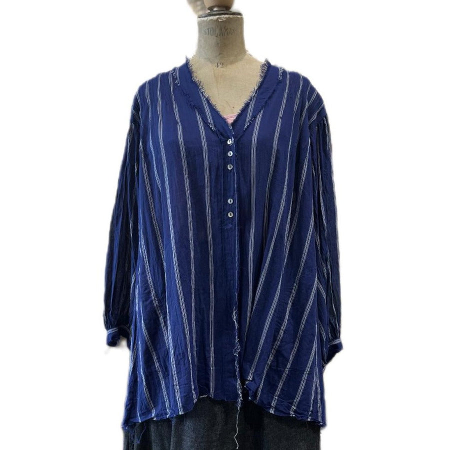 Pin tuck Shirt (Linen) - Indigo Pin stripe