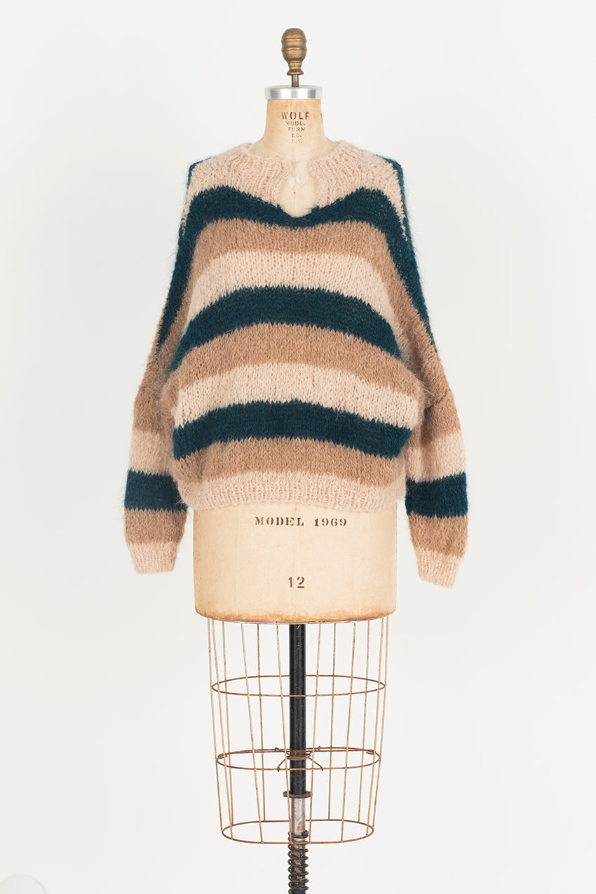 Hand Knit Batwing V Neck Sweater (Alpaca) - Lilac Stripe
