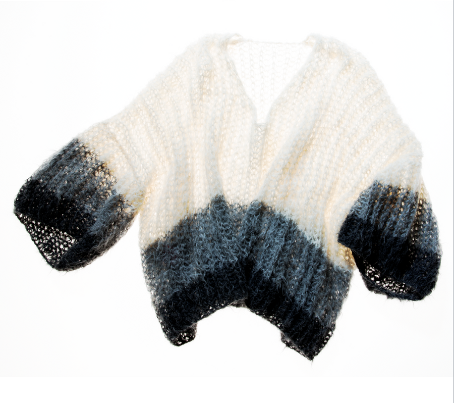 Hand Knit V Neck Sweater (Alpaca) Tri Stripe - Snow
