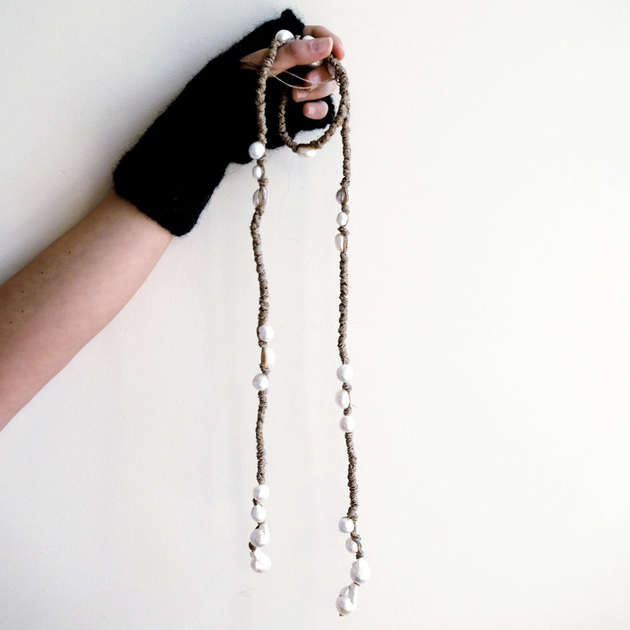 Mela Multi Pearl Linen Wrap Necklace - Silver
