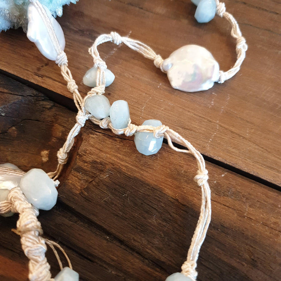 Mela multi pearl and aquamarine lariat